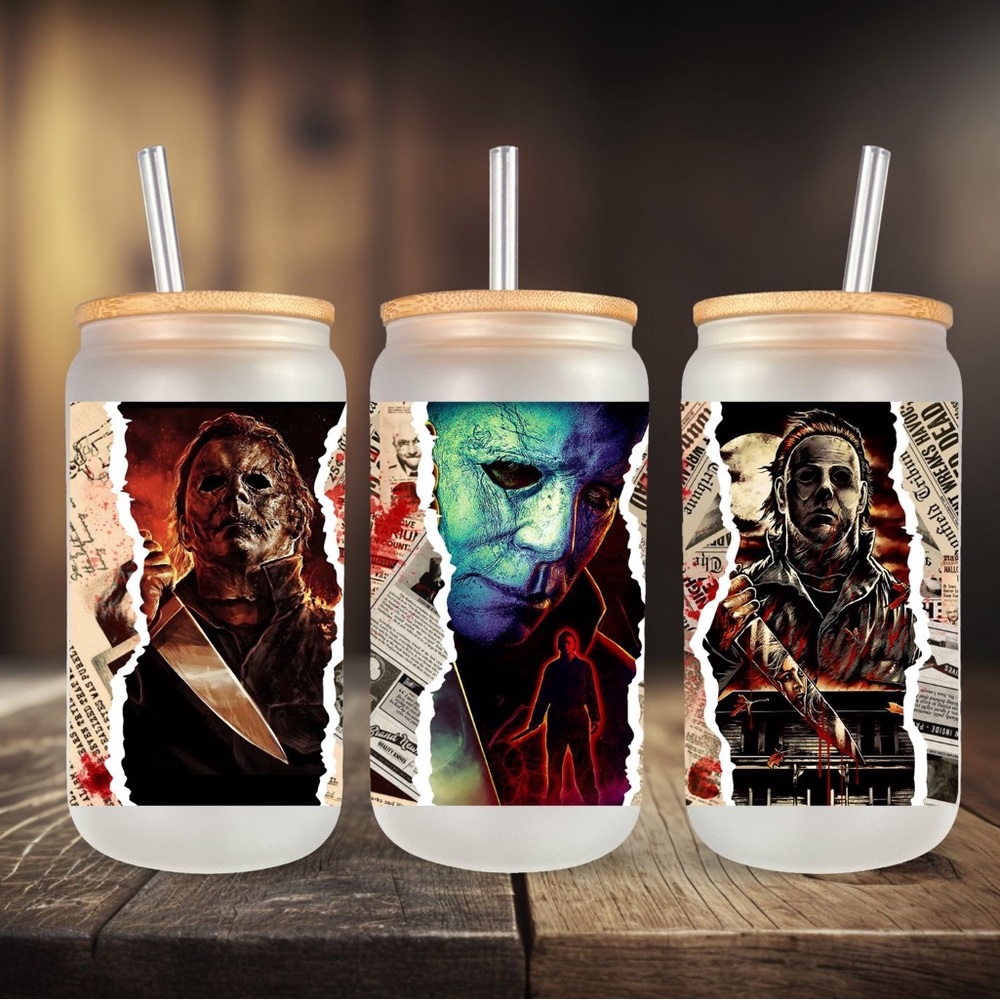 16oz Halloween glass cup with lid and straw